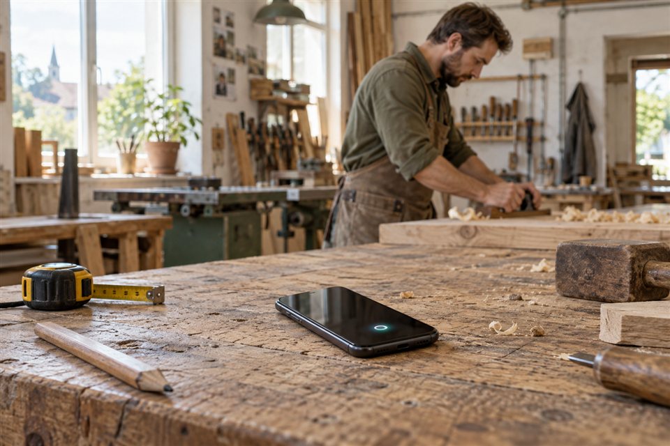 Ein Smartphone liegt auf der Werkbank, während ein Handwerker im Hintergrund konzentriert Holz bearbeitet.